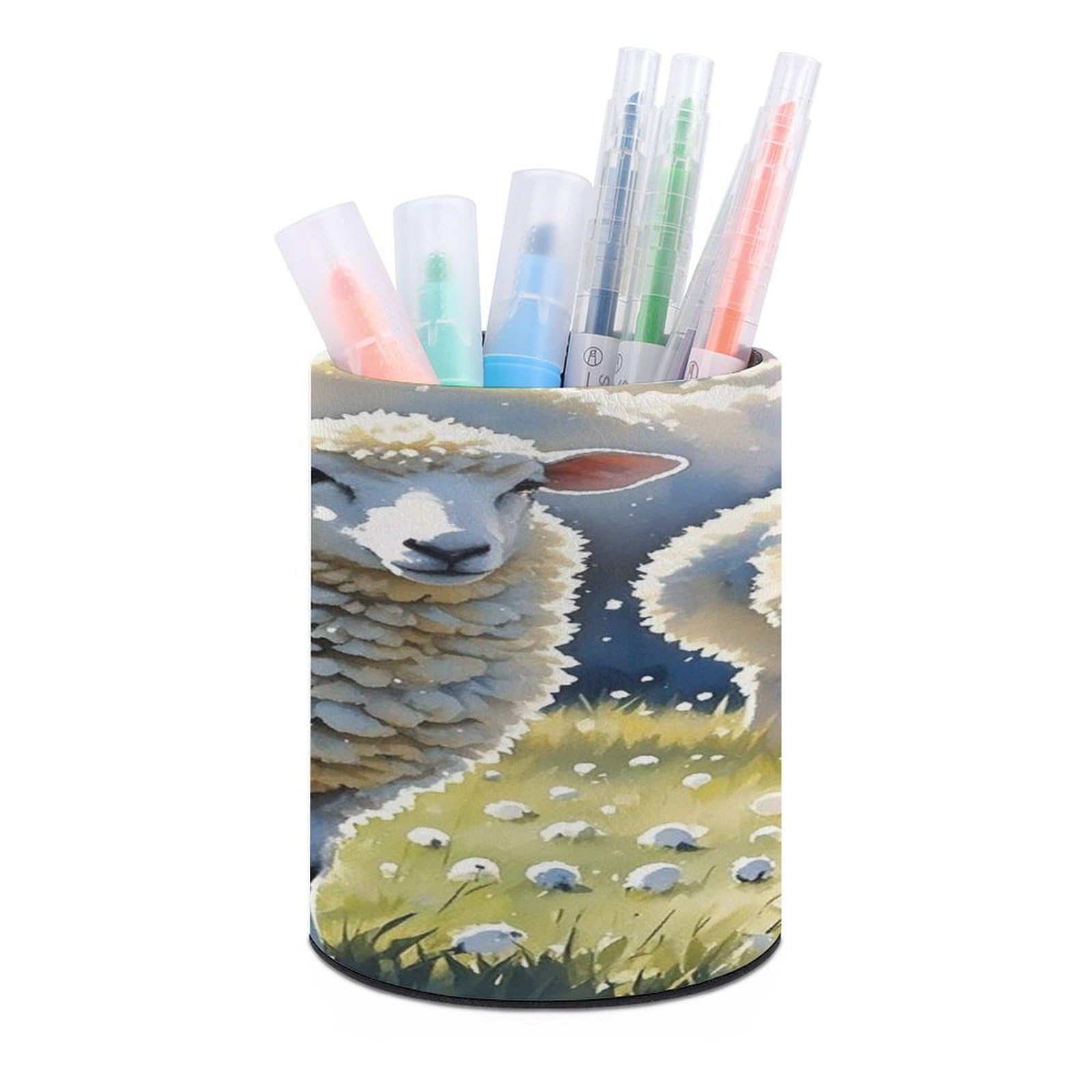 FekiLoot Round Sheeps Watercolor Pen Holder for Desk PU Leather Waterproof Pencil Cup Stand Minimalist Makeup Brush Storage Organizer Desktop Stationery Container Accessorires