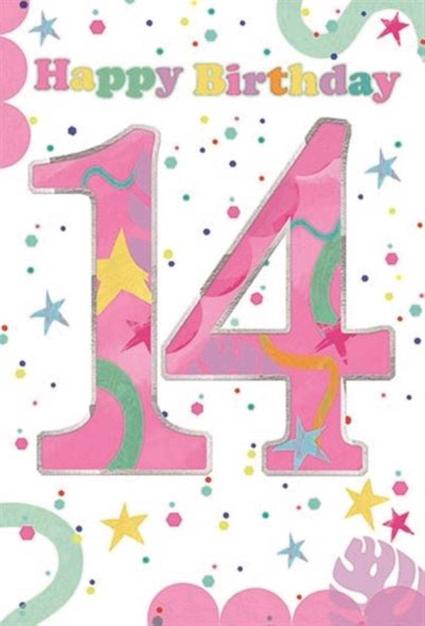 14th Birthday Card - Big Number with Pastel Colours Spots Stars & Foil 7.5x5.25