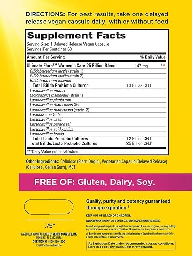 Miniatura 3 de Ultimate Flora Probiotics for Women - Cápsulas veganas de liberación retardada de 25 mil millones de UFC  Vaginal  Salud digestiva  Salud