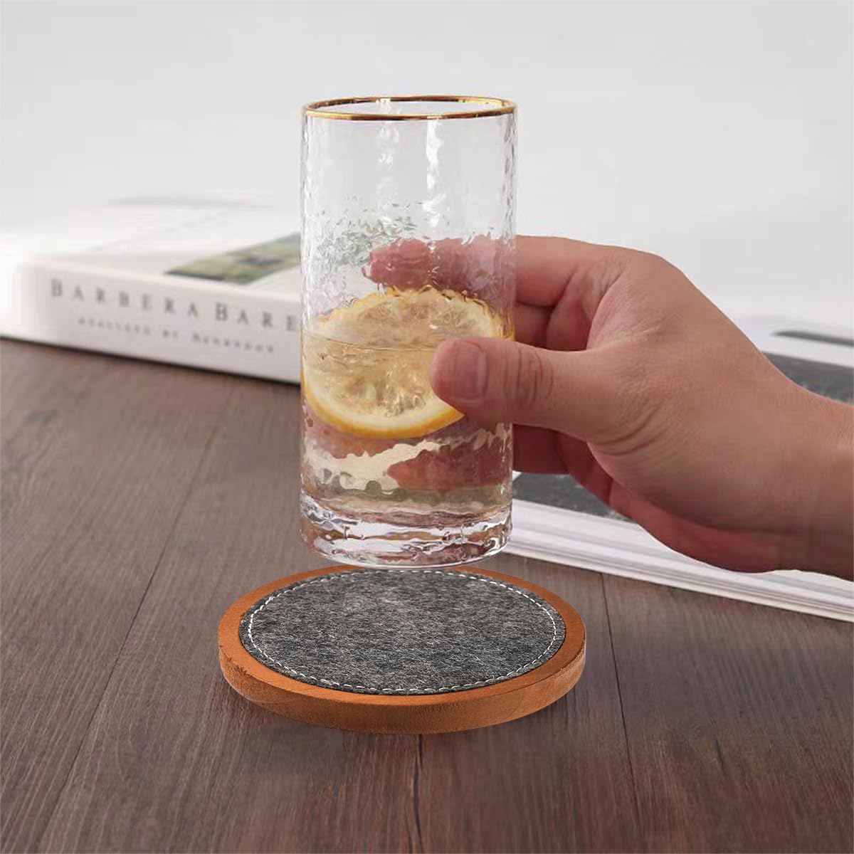 Wood Coaster for Drinks, Set of 5, Absorbent and Insulation Felt Stackable Cup Holders, Coasters for Wooden Table,4.15 inch - Image 4
