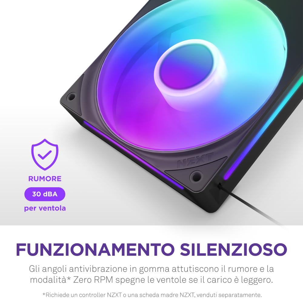 NZXT F240 RGB Core - Telaio singolo 240 mm con 2 ventole RGB 120 mm - Controllo velocità illuminazione - Alta pressione statica e flusso d'aria - Cuscinetti fluidodinamici - 8 LED aRGB - Nero