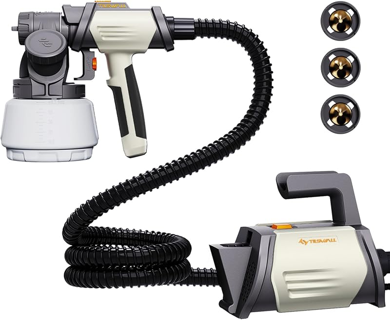 Tilswall Shark800 Paint Sprayer HVLP 800W Electric Spray Paint Gun, White | Side-Fill Refill, 4 Brass Nozzles & 3 Patterns, Adjustable Flow,1300ml, Split Design, for Walls Furniture Cabinets Fences