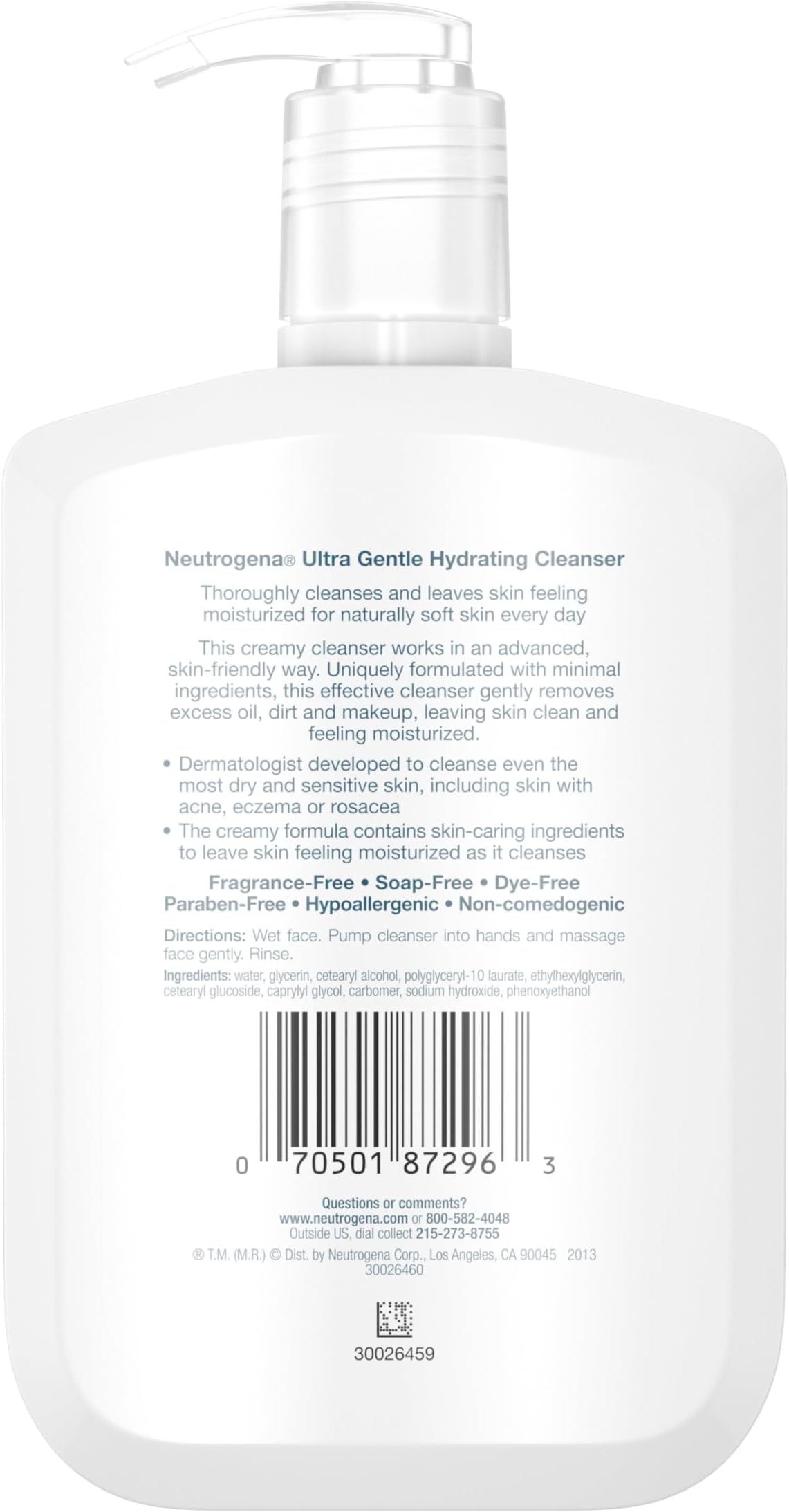 Neutrogena Ultra Gentle Hydrating Daily Facial Cleanser for Sensitive Skin, Oil Free, Soap Free, Hypoallergenic & Non-Comedones Creamy Face Wash, 12 Florida, Oz