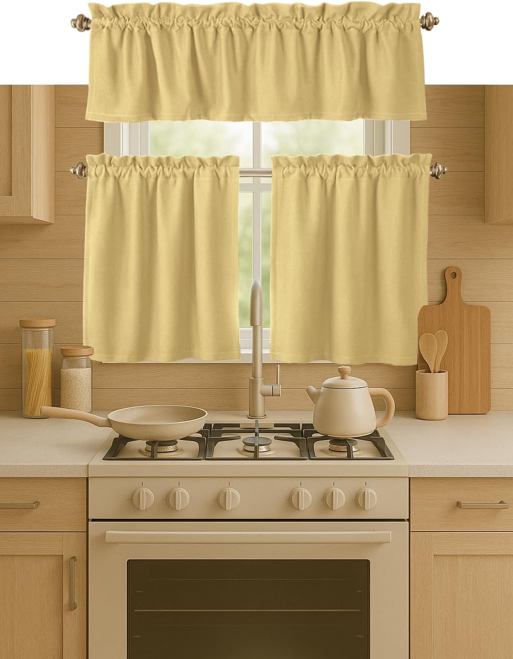 3 Piece Window Kitchen Curtain Set, 100% Cotton, 2 Tiers 26x36 Inch & 1 Valance 54x18 Inch, Semi Sheer, Rod Pocket, Short Curtain Café, Living Room, Bathroom, Bedroom, Pale Yellow