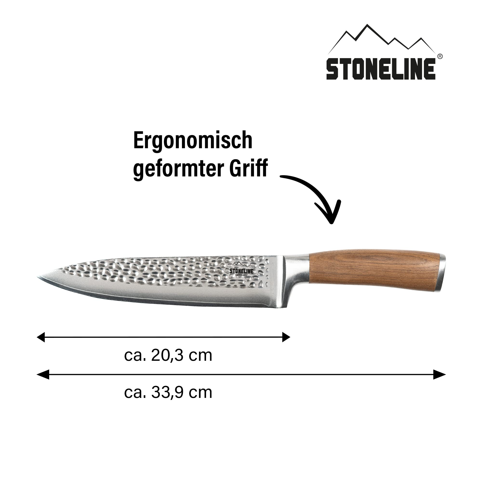 STONELINE Cuchillo Chef de Acero Damasco 34 cm, Hoja Martillada Extremadamente Afilada de 20,3 cm, 67 Capas, Cuchillo Cocinero Uiversal Profesional, Mango de Nogal, Embalaje Madera, Cuchillo Cocina