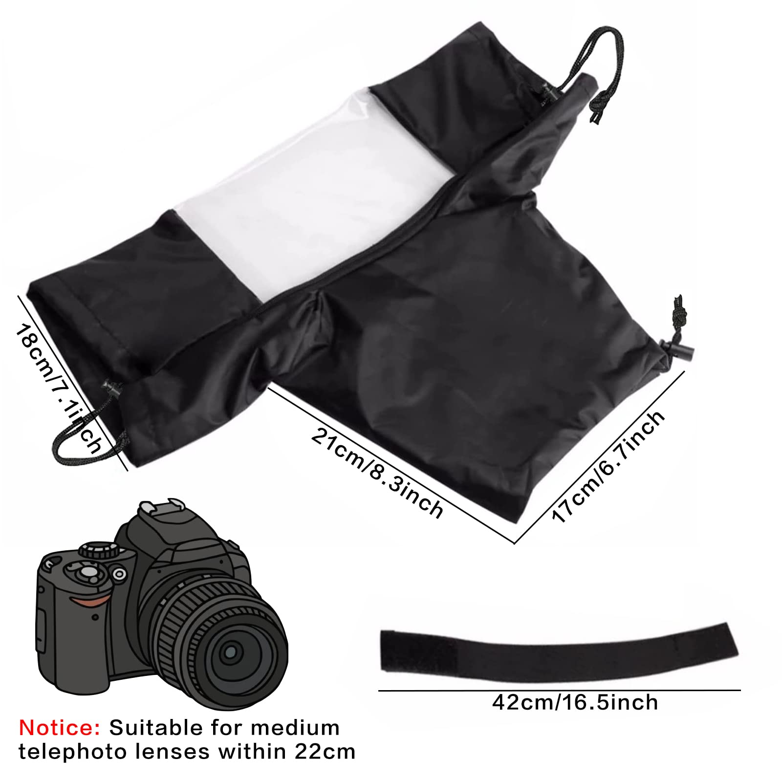 Protection Pluie Appareil Photo, Housse de Pluie pour Appareil Photo avec Fenêtre Transparente et Double Fermeture Éclair, Extérieur PVC, pour Reflex et Hybrides, Objectif Jusqu’à 22 cm