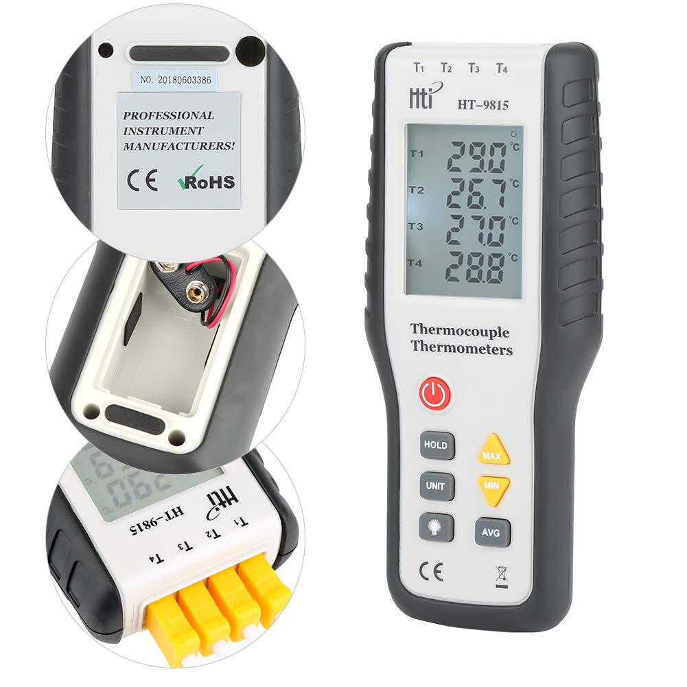 Thermoelement Thermometer 4-Kanal K-Typ HT-9815 LCD Temperatur Messgerät Messbereich - 200 ° C bis 1372 ° C