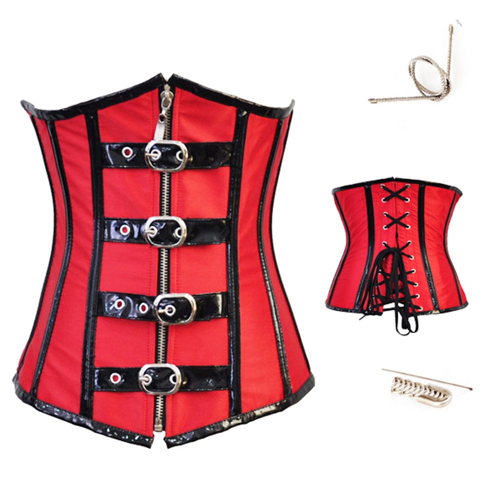 jutrisujo Steampunk Underbust Leather Bustier Corsets for Women Gothic Punk Burlesque Pirate Halloween Red XL