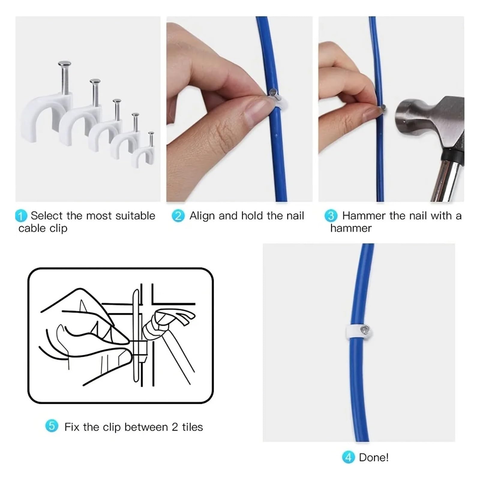 Clavos Clips for cables, Abrazaderas for con clip de alambre for clavos acero 4,5,6,8,10 mm(8mm)