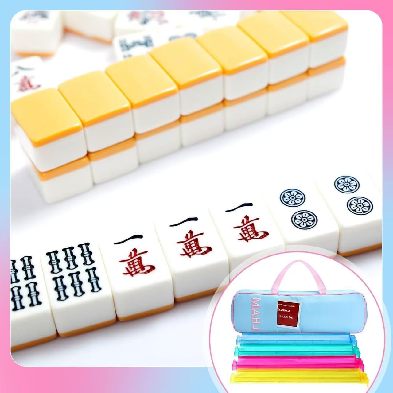 (4PCS) Mahjong Rack, +Multi-Functional Storage Bag+A Set of Scoring Card Rules,21 x 6.5 x 2 Inch, Fits 8 Racks (Blue and Pink Set)