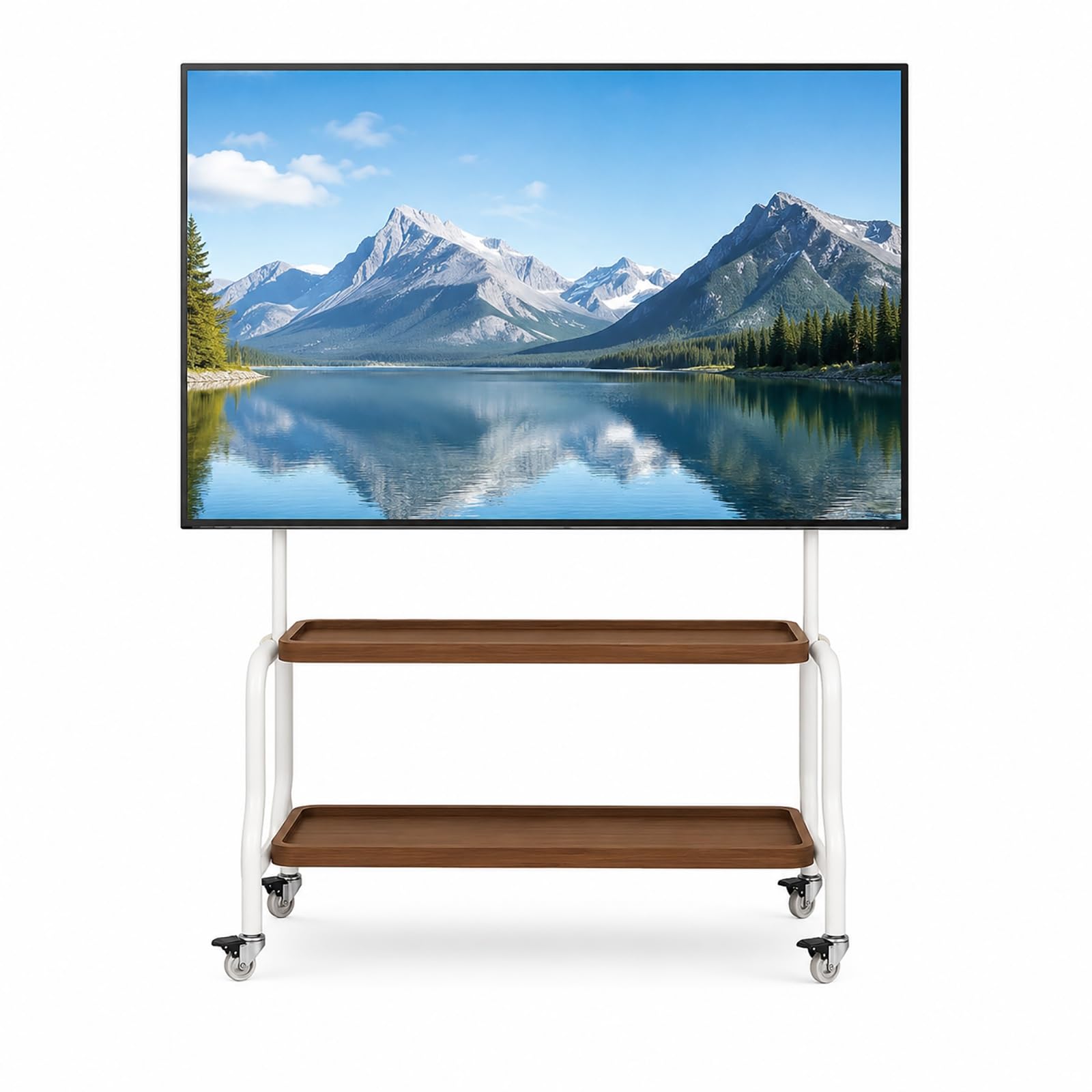 Soporte TV Pie Portátil con Estante, Soporte TV con Ruedas Móvil | Compatible VESA, Ruedas Giratorias Bloqueo 360°, Estante Doble para Dormitorio, Sala Estar, Interiores