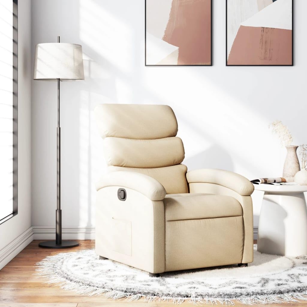 Fotel relaksacyjny w kolorze kremowym z ręczną funkcją leżenia, regulowany do 135 stopni, ergonomiczny fotel tapicerowany z podłokietnikami, drewniana, metalowa rama, do salonu, do czytania