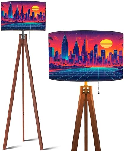 Trípode de madera, lámpara de pie punk, ciudad, UV, reactiva, luz negra, futurista, paisaje urbano japonés, lámpara de pie de mediados de siglo,