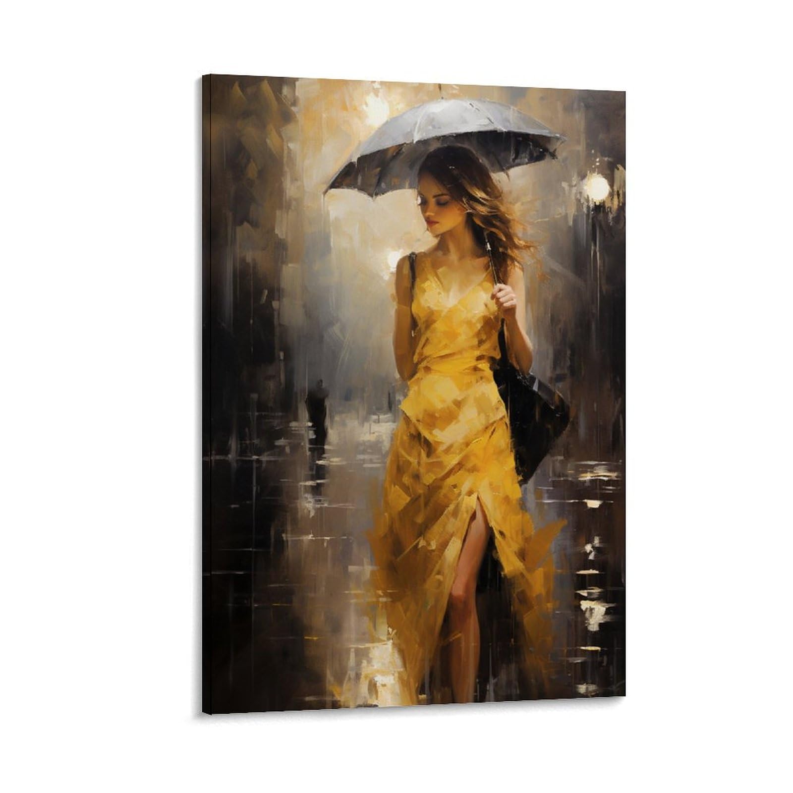 GMUKIFFY Yellow Dress Girl Painting on Canvas Wall Art Woman with Umbrella Modern Stretched And Framed Canvas Prints Artwork for Home Decorations Ready to Hang Wall Decor 12x18inch(30x45cm)