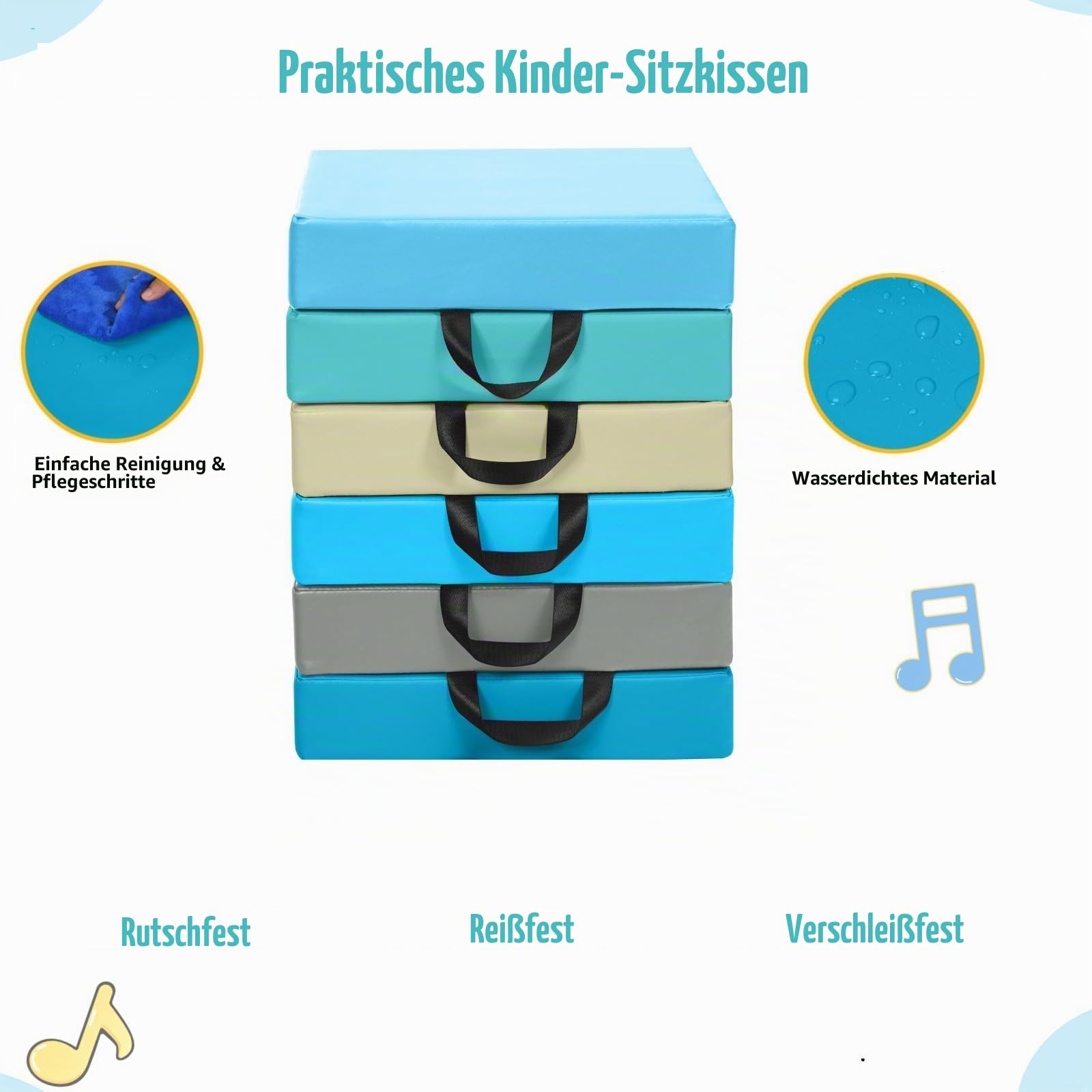 LIFEZEAL 6er Set Kinder Stuhlkissen, 6 Farbige Sitzkissen mit Griff, Stapelbare Bodenkissen aus Schaumstoff, Kinder Ruhekissen Rund/Rechteckig, für Kinderzimmer (Rechteckig1)