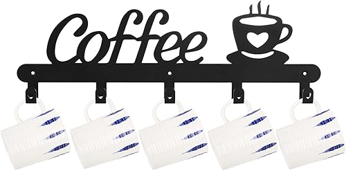Miniatura 7 de TOPZEA Soporte para taza de café montado en la pared, estante de metal para tazas con 5 ganchos para almacenamiento de tazas, organizador colgante