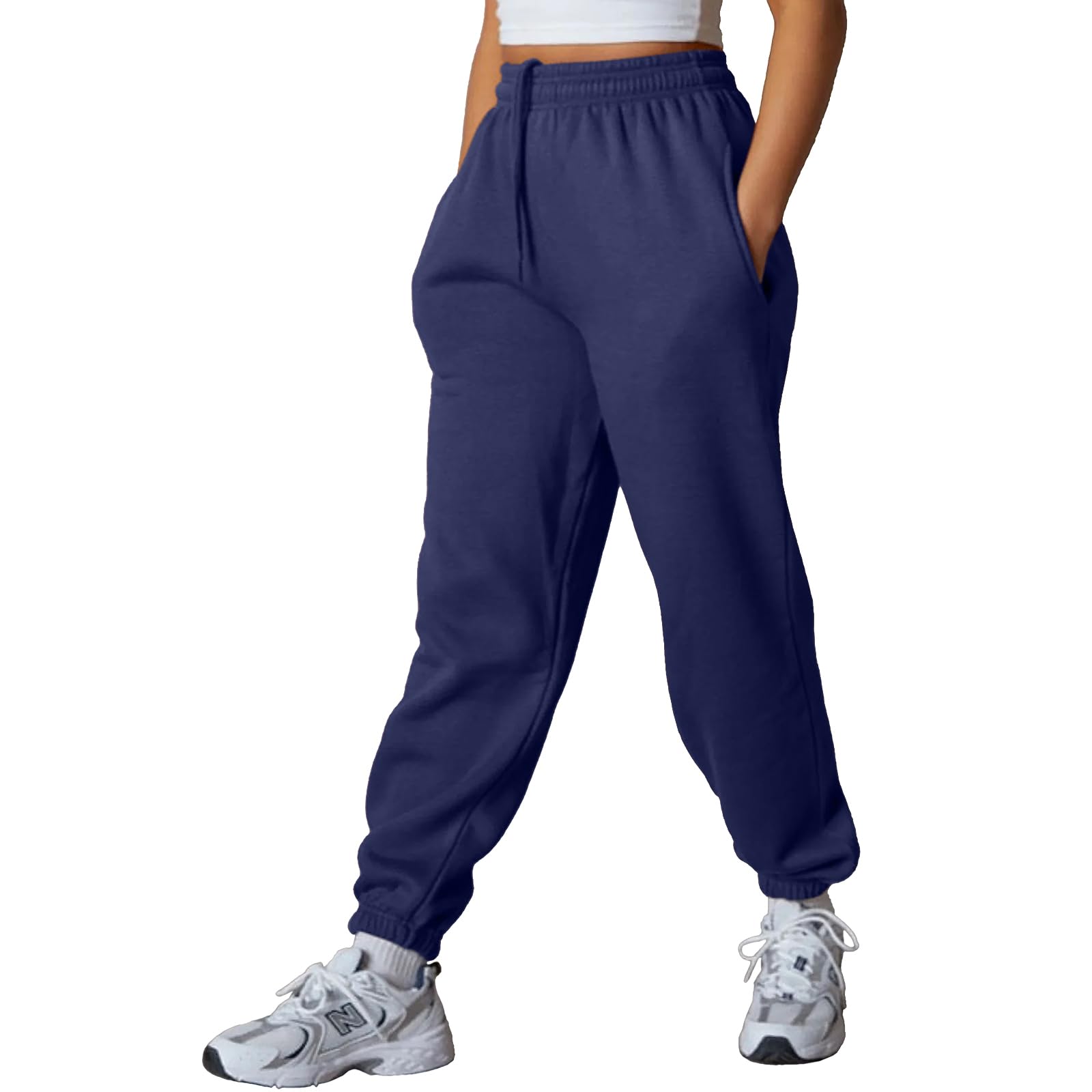 NetSetUK Women's Joggers Plain Tracksuit Jogging Bottoms with Zipper Pockets Elastic Waist Regular Fit Tapered Leg Sweatpants Cuffed Trousers Drawstring Workout Gym Sport Navy Blue