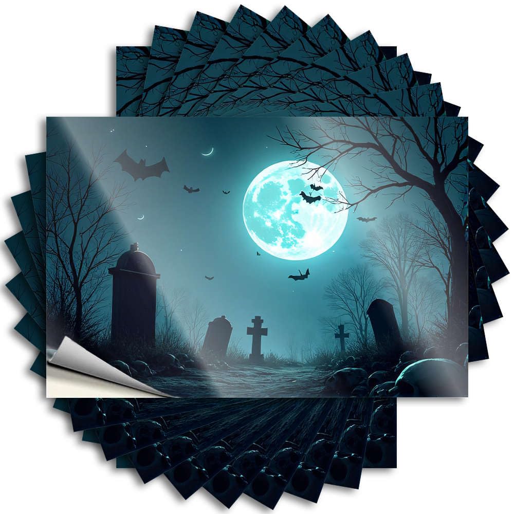Saying - Love Garage A Spooky Graveyard Under A Full Moon with Bats Flying Around for Layered Haves(8X12CM)