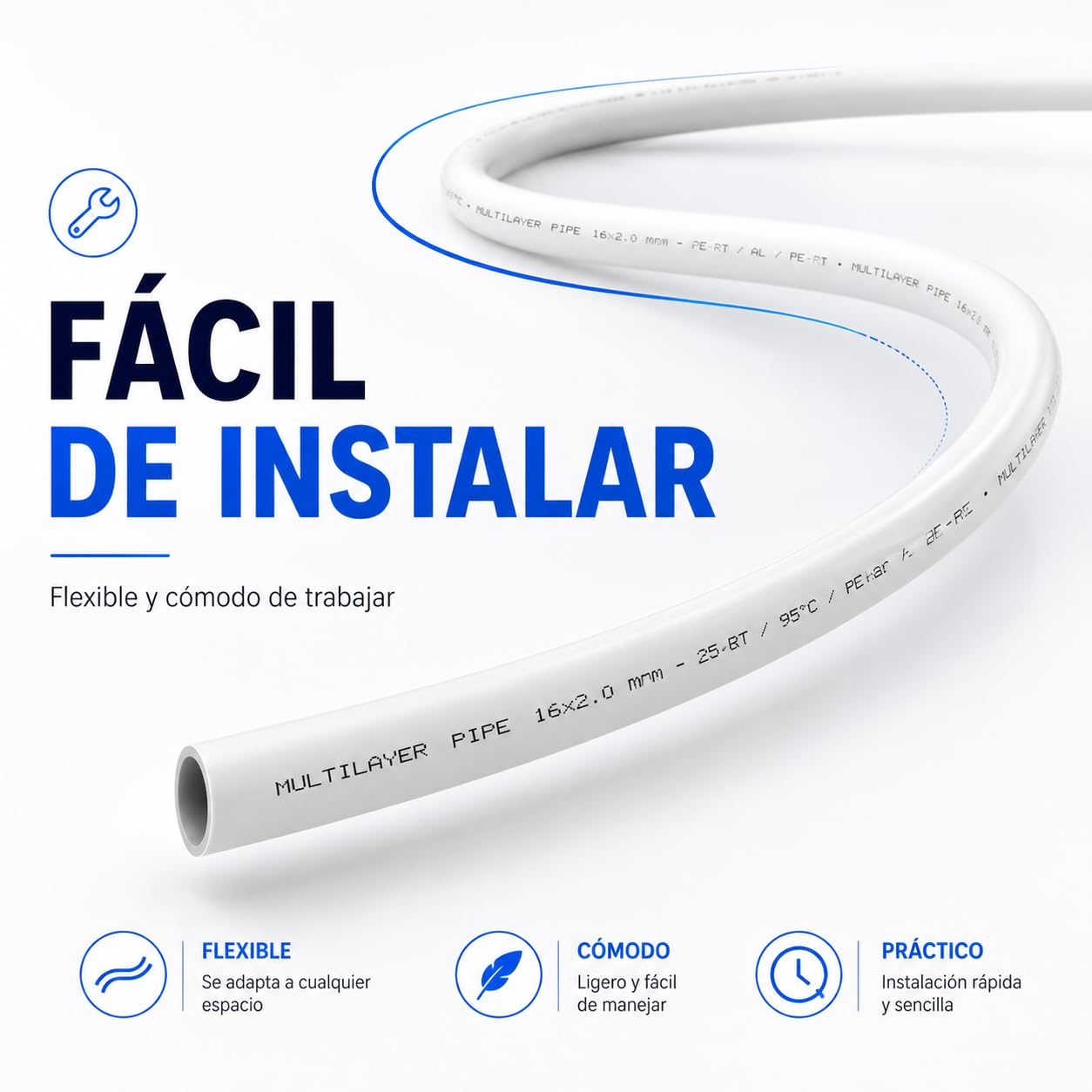 Tubo Multicapa por Metros para Fontanería, Agua Potable y Calefacción | Disponible en 1 m y 5 m | Tubería Multicapa Flexible 16 mm, 20 mm, 25 mm y 32 mm (16mm, 500, Centímetros)