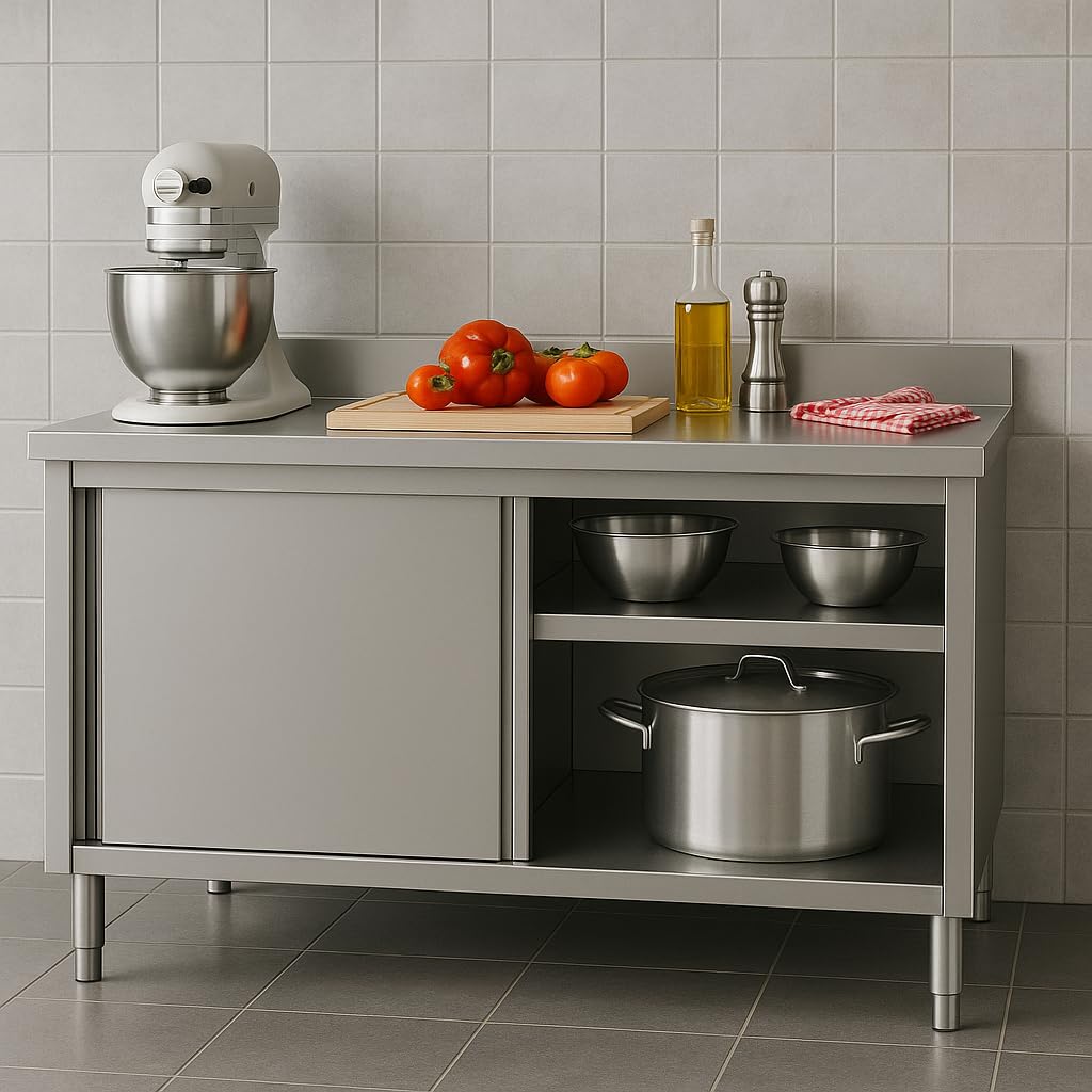 Générique Meuble Neutre adossé INOX Professionnel – 1200 mm – Profondeur 700 mm – dosseret Amovible – Portes coulissantes