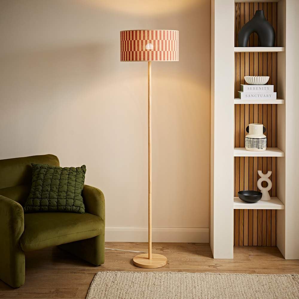 ValueLights | Heather Light Wood Floor Lamp with Orange Checkerboard Bamboo Shade and Bulb | Floor Lamps & Home Improvements Essential