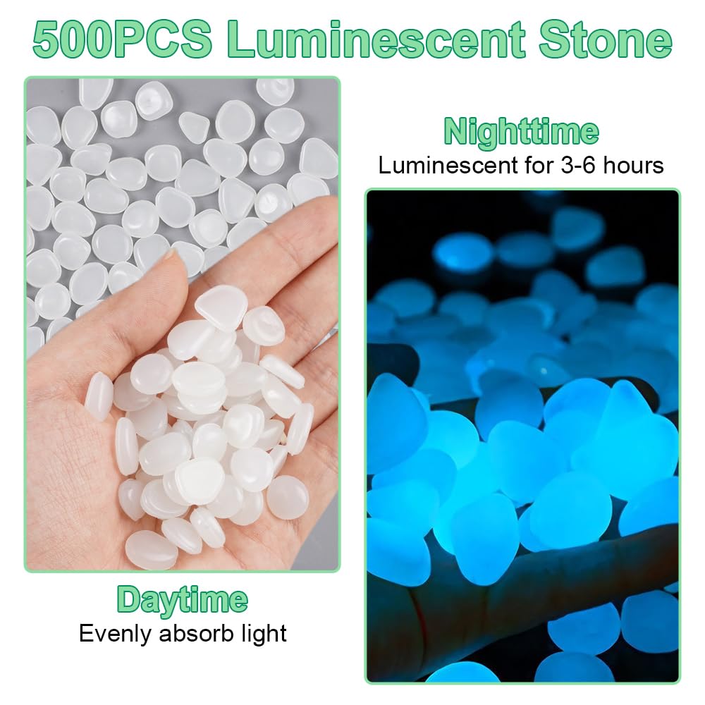 500 Pezzi Pietre Luminose Bianche Da Giardino, 1-1.5 cm Ciottoli Luminosi Fluorescenti, Sassi Luminosi da Giardino Solari, Sassi Decorativi per Vasi, Decorative Ciottoli Brillanti per Vaso Pianta