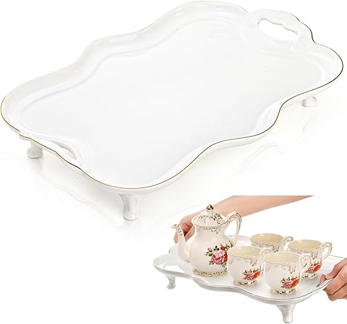 Bandeja de cerámica de 16 pulgadas con asas, bandeja de servir grande vintage, bandeja de mesa de café de estilo británico, plato decorativo con
