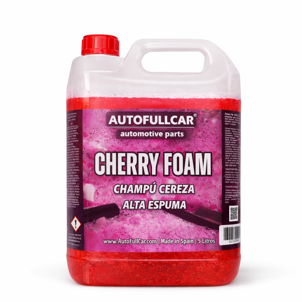 AutoFullCar Cherry Foam 5 Litros, Champu Espuma Activa Coche Rosa, Limpiador Alcalino Alta Concentracion, Lavado Carroceria, Uso con Lanza Foamer o Cubo, Encapsula Suciedad
