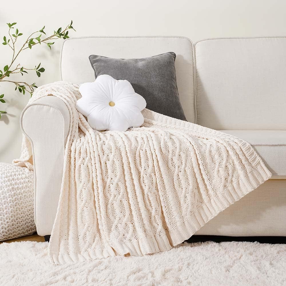 Manta de punto de felpilla, color blanco crema, para sofá, 51 x 67 pulgadas, manta tejida de punto de felpilla para silla, manta decorativa con textura súper suave y cálida para cama, sofá y sala de estar. 7
