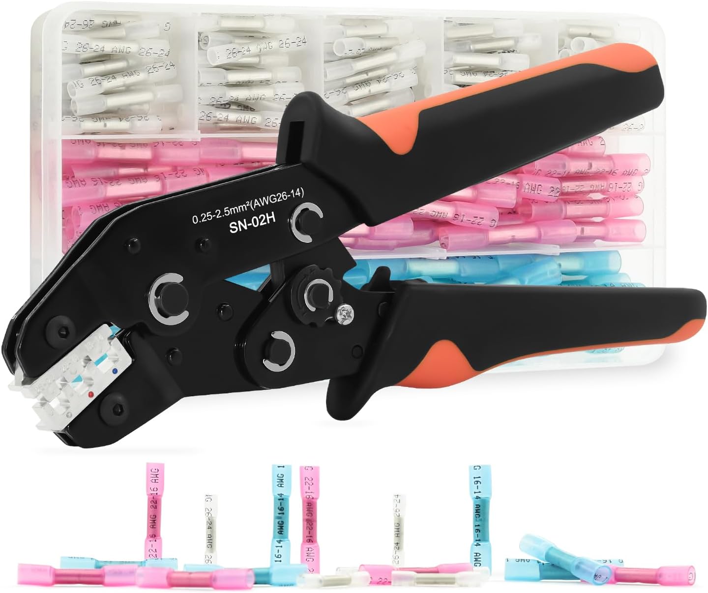 SN-02H Crimping Tool Set with 130pcs Heat Shrink Connectors Kit Wire Crimper for AWG 14-26, Ratcheting Pliers with Color-Coded Connectors