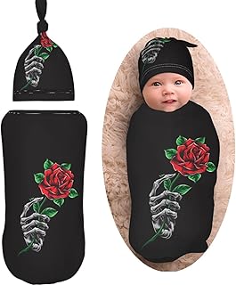 AuHomea Skeleton Hand Holding Rose Newborn Swaddle Blanket Soft Unisex Infant Swaddle Wrap Blanket Baby Receiving Blanket with Beanie Hat for Boy and Girl