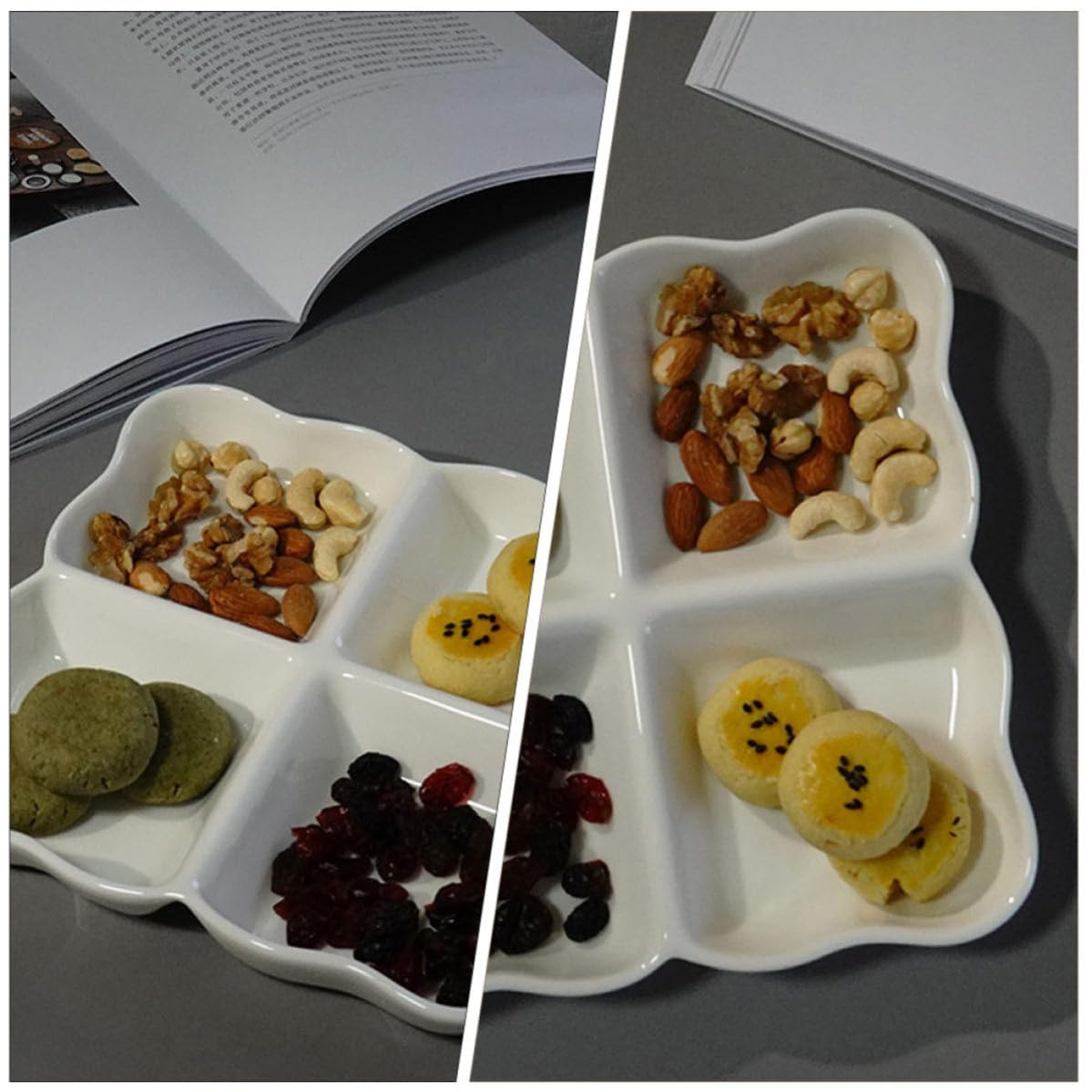 Zerodeko Vassoio in Ceramica Bianco 4 Scomparti per Snack e Frutta, Design Creativo e Aspetto Elegante per Feste di Compleanno e Riunioni Festive Riutilizzabile