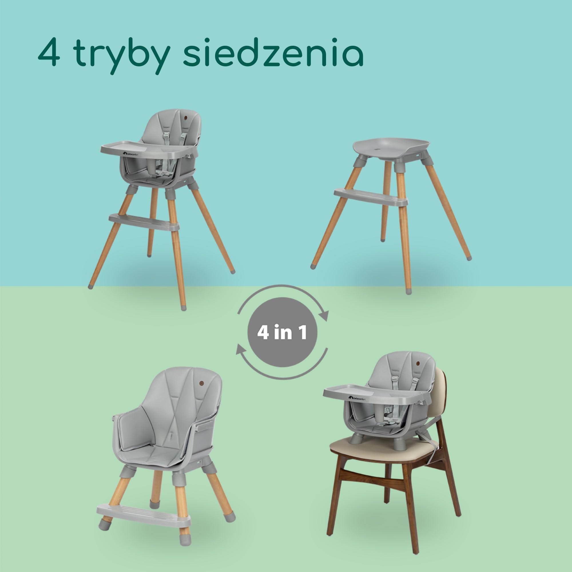 Bebeconfort Avista 2, 4w1 wysokie krzesełko, podstawka podwyższająca, krzesło do jadalni dla malucha, 6 miesięcy - 14 lat (9-60 kg), wyściełane poduszki, regulowana tacka, Tinted Grey
