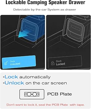 Lockable Camping Speaker Drawer for 2022-2026 Rivian R1T R1S Lower Console Organizer- Durable 2.5mm ABS& 3mm High-Edge Liquid Silicone Mat& Handle - Unlocking on the Car Screen