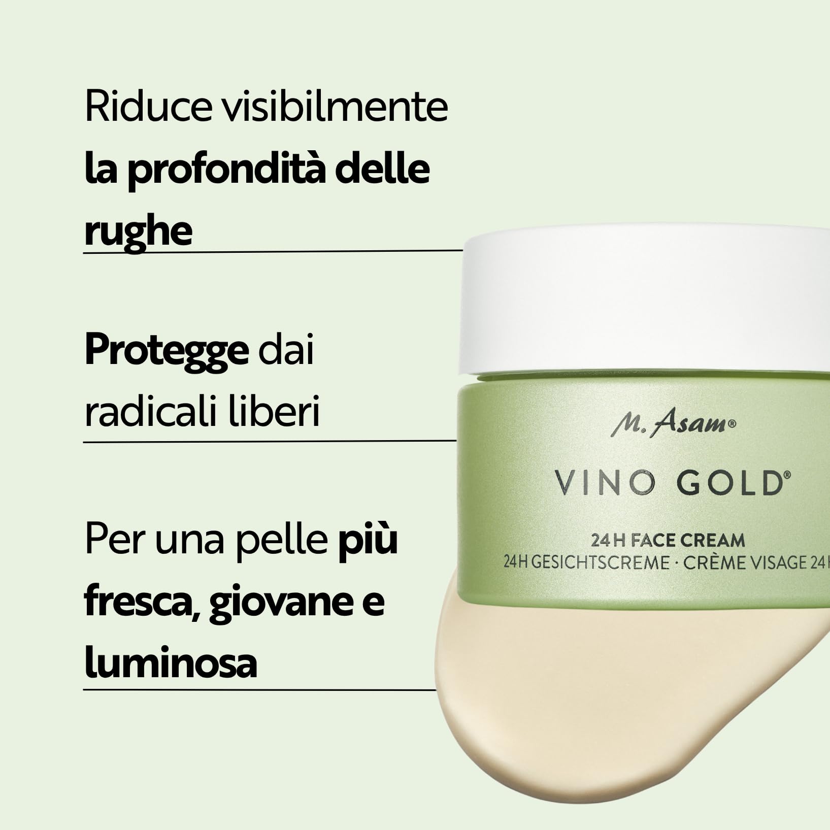M. Asam Vino Gold 24h crema viso (50 ml) – Crema giorno 24h & crema da notte contro linee e rughe, forte protezione contro l'invecchiamento precoce, anti-invecchiamento, crema idratante vegana