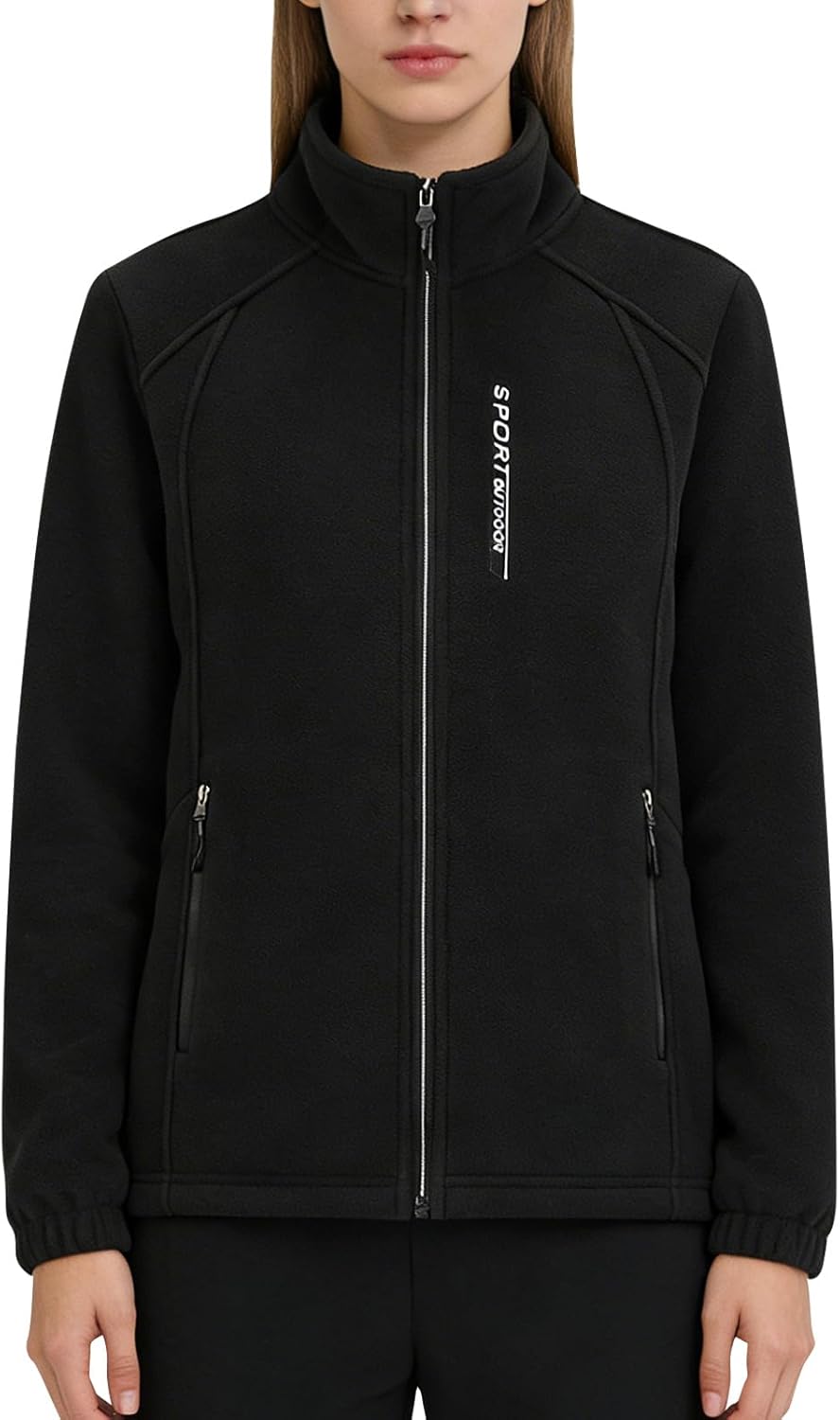 Women's Stand-Up Fleece Jacket Long Sleeve Full Zip Up Coat with Pocket