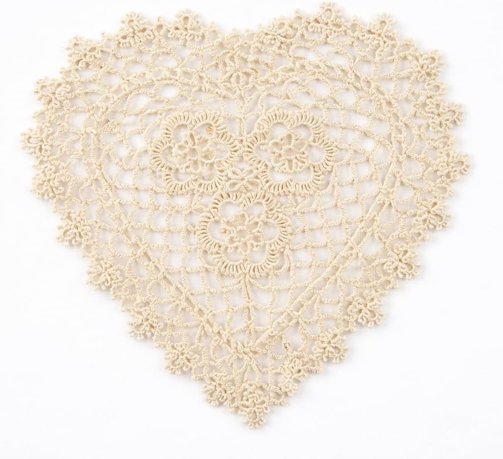 Fennco Styles Handmade All-Over Tatting Lace Heart Shaped Doily 100% Cotton - Set of 4 (12" Heart Doily, Ecru)