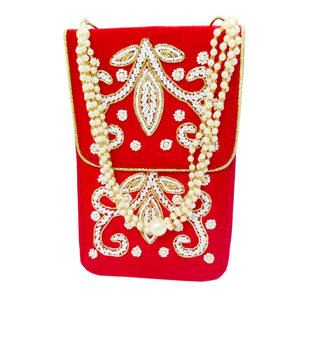 Avanti Creation Velvet Pearl and Beads Studded Ladies Traditional Mobile Phone Pouch Sling Wallet Saree Waist Clip Hook Gift for Women|Designer Clutch Mobile Pouch with Drawstring (RED)-image-27