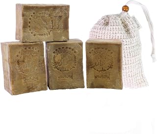 TUMELO Original Aleppo soap 4 x 200 g (800 g) 80% Olive Oil 20% Laurel Oil + Sisal Soap Bag, Handmade Olive Oil Soap Natural Soap