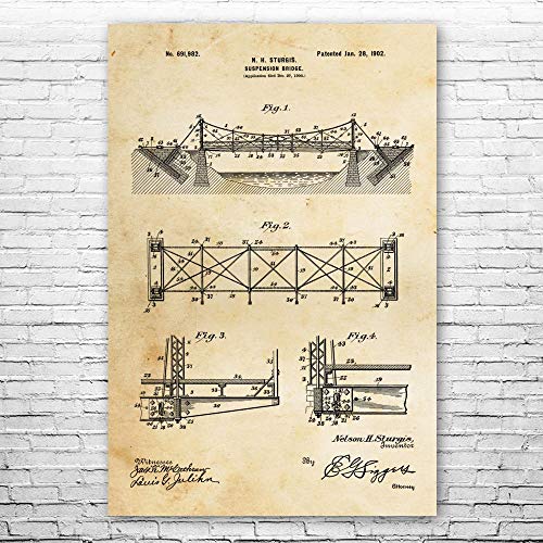 Suspension Bridge Poster Print, Structural Engineer, Architect Gift, Bridge Blueprint, Office Wall Art, Engineering Gift Vintage Paper (8 Inch X 10 Inch) #TOP18