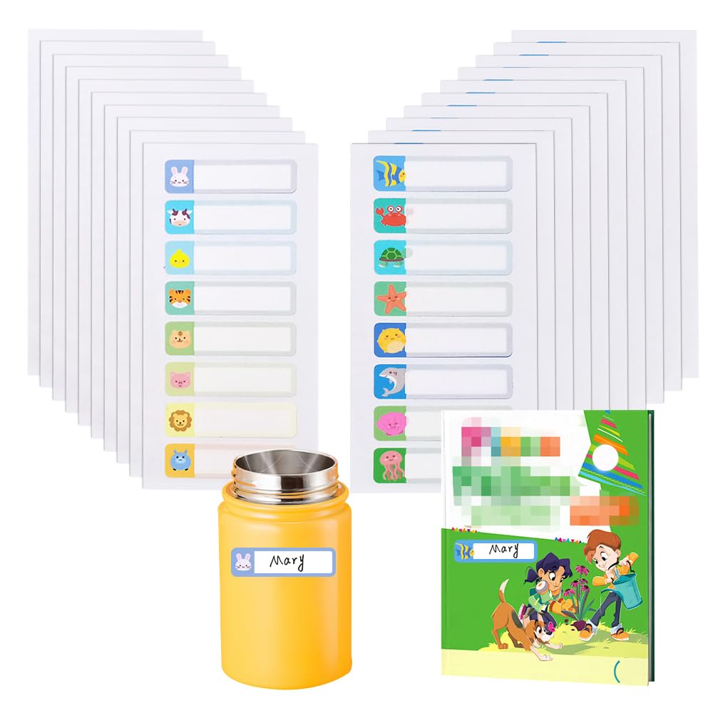 MUWINC Waterproof School Name Labels for Bottles - 160 pcs Durable Self-Adhesive Tags for Stationery or Household Essentials (Fish, Lions Pattern) โ image 1