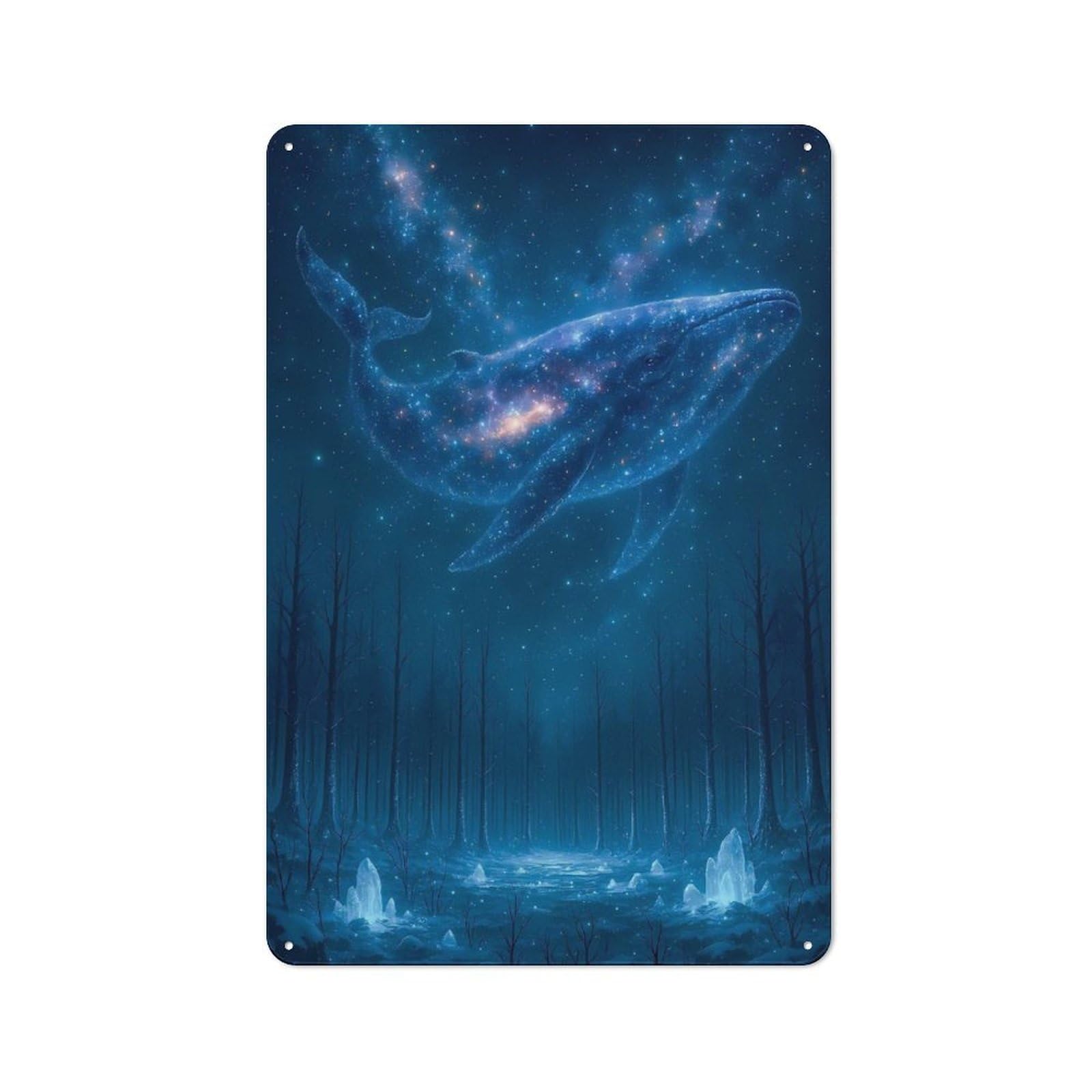 Metal Wall Art Sign with Celestial Whale Over Forest Design 30x20cm, Urban Industrial Wall Decor for Workspace, Cafe, Hallway Or Garage
