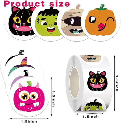 Miniatura 7 de 60 calcomanías de Halloween en rollo de calabaza, calcomanías de cara feliz, 8 patrones, lindos diseños de calavera de fantasma, murciélagos,