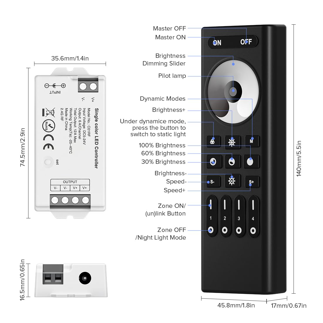 BTF-LIGHTING 5050SMD FCOB COB DIM Telecomando RF RC01RFB&C01RF Kit controller Controllo remoto wireless a 4 zone RF 2,4 GHz per strisce LED a 2 pin monocolore (+ V -V) DC5V DC12V DC24V