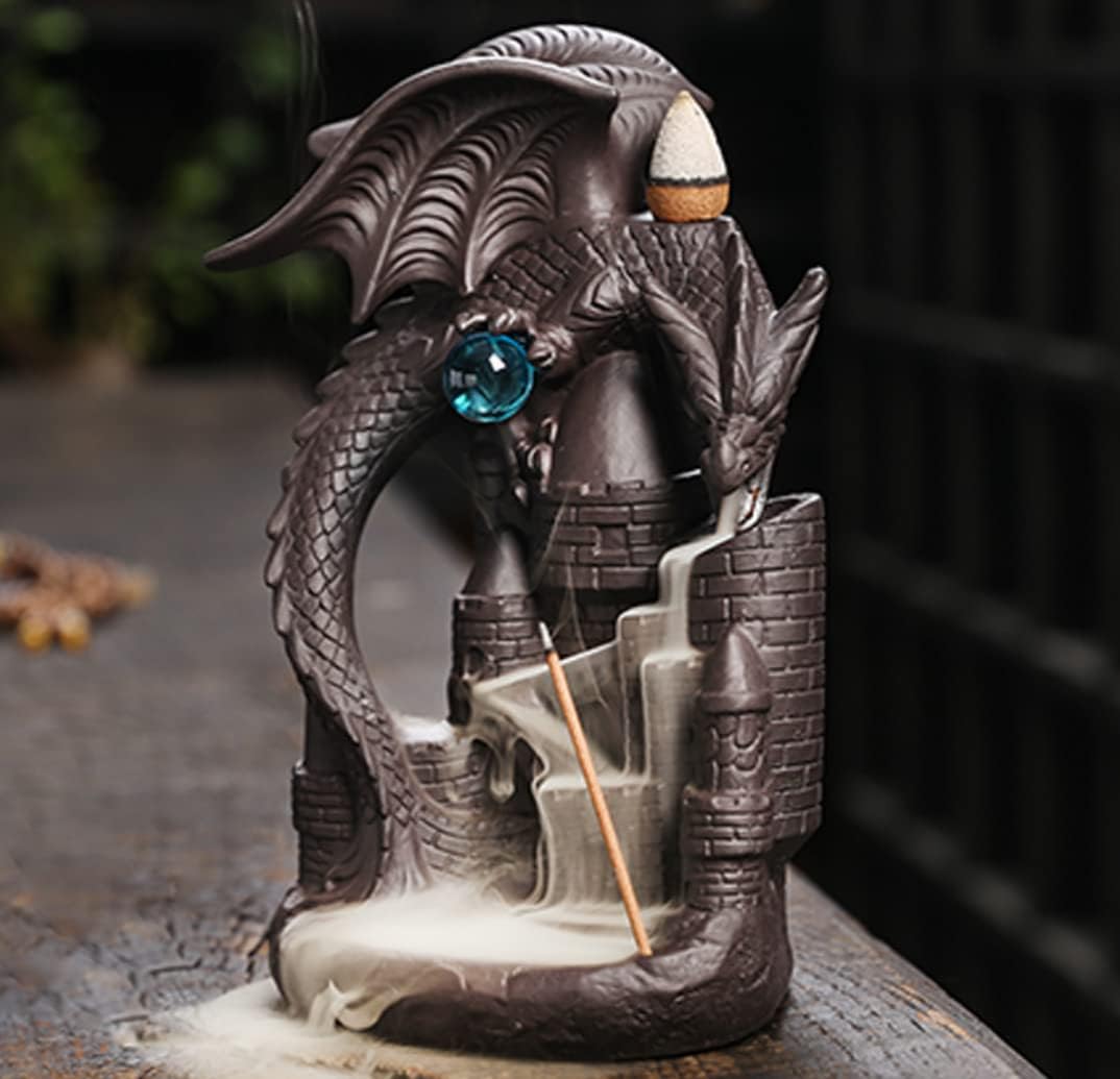 Creative Pterosaur Backflow Incense Holder Ceramic Castle Fly Dragon Waterfall Smoke Censer Incense Stove Decorative Craft (Black)