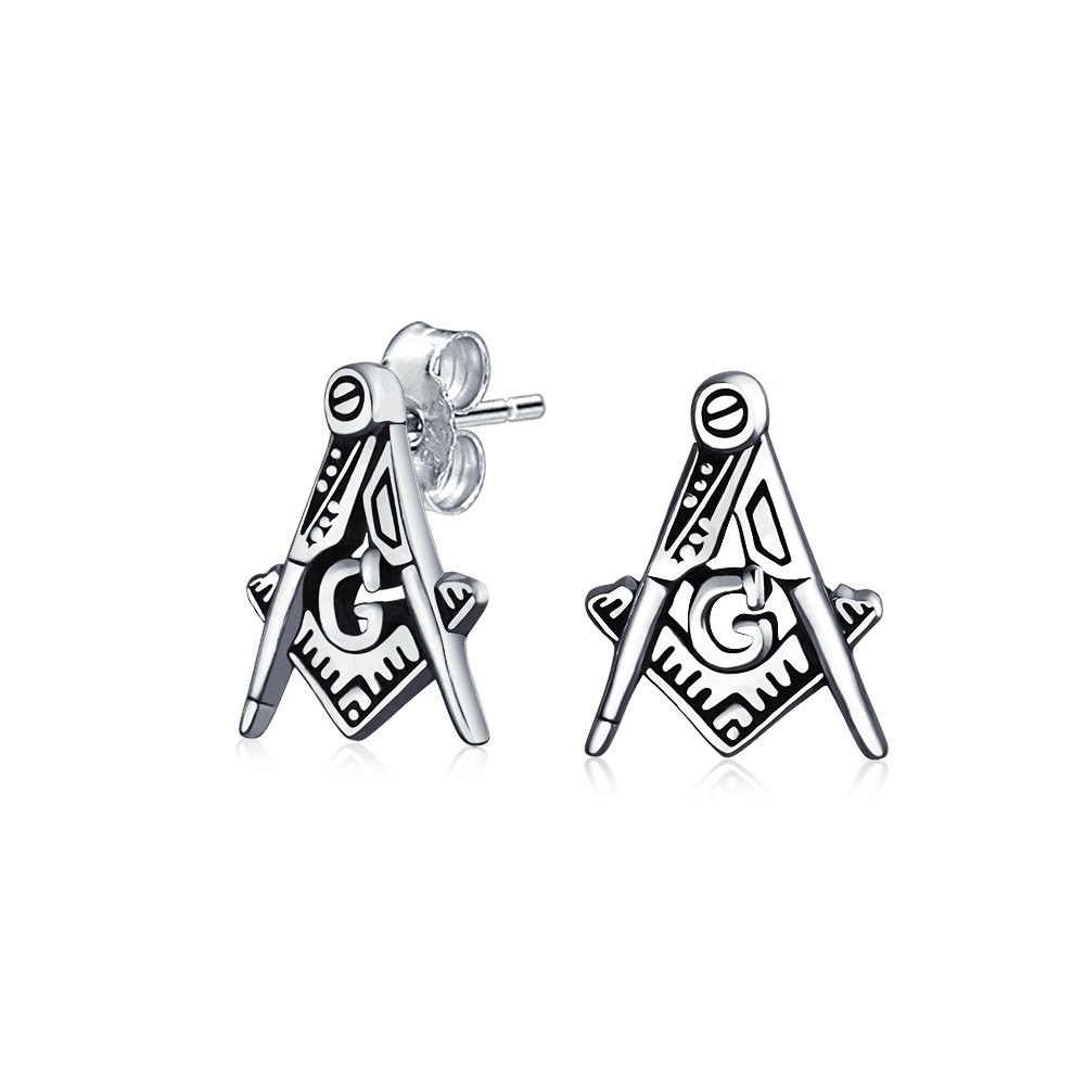 Bling JewelryUnisex Compass Masonic Freemason Push Pin Pendant Stud Earrings For Women Oxidized .925 Sterling Silver