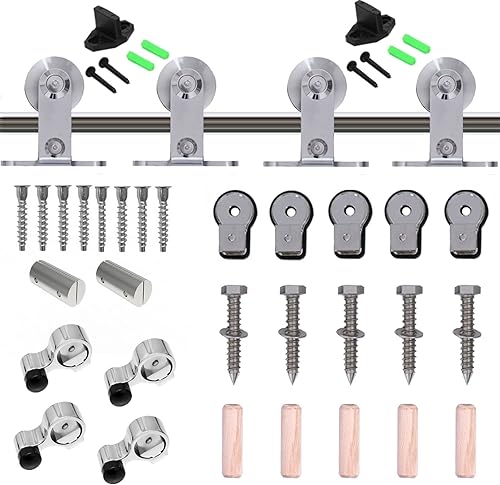 Miniatura 5 de TSMST Kit de herrajes para puerta corrediza de granero de 9 pies, riel de acero inoxidable resistente para puerta de granero doble de madera, se