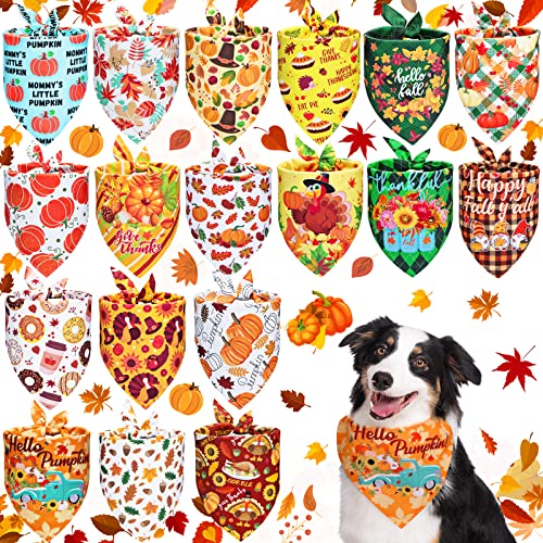 18 Pieces Thanksgiving Dog Bandanas Fall Bandanas for Dogs Triangle Large Dog Scarf Pets Bibs Pumpkin Turkey Maple Leaf Pattern Adjustable Holiday Dog Bandanas Bulk for Small Medium Large Pet