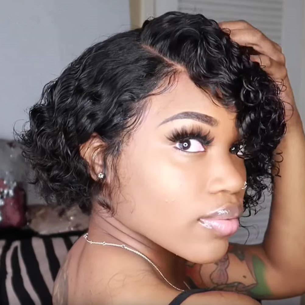Yeglg Human Hair Wig,Short Afro Kinky Curly Wig Lace Front Brazilian Hair Wavy Wig - Image 4