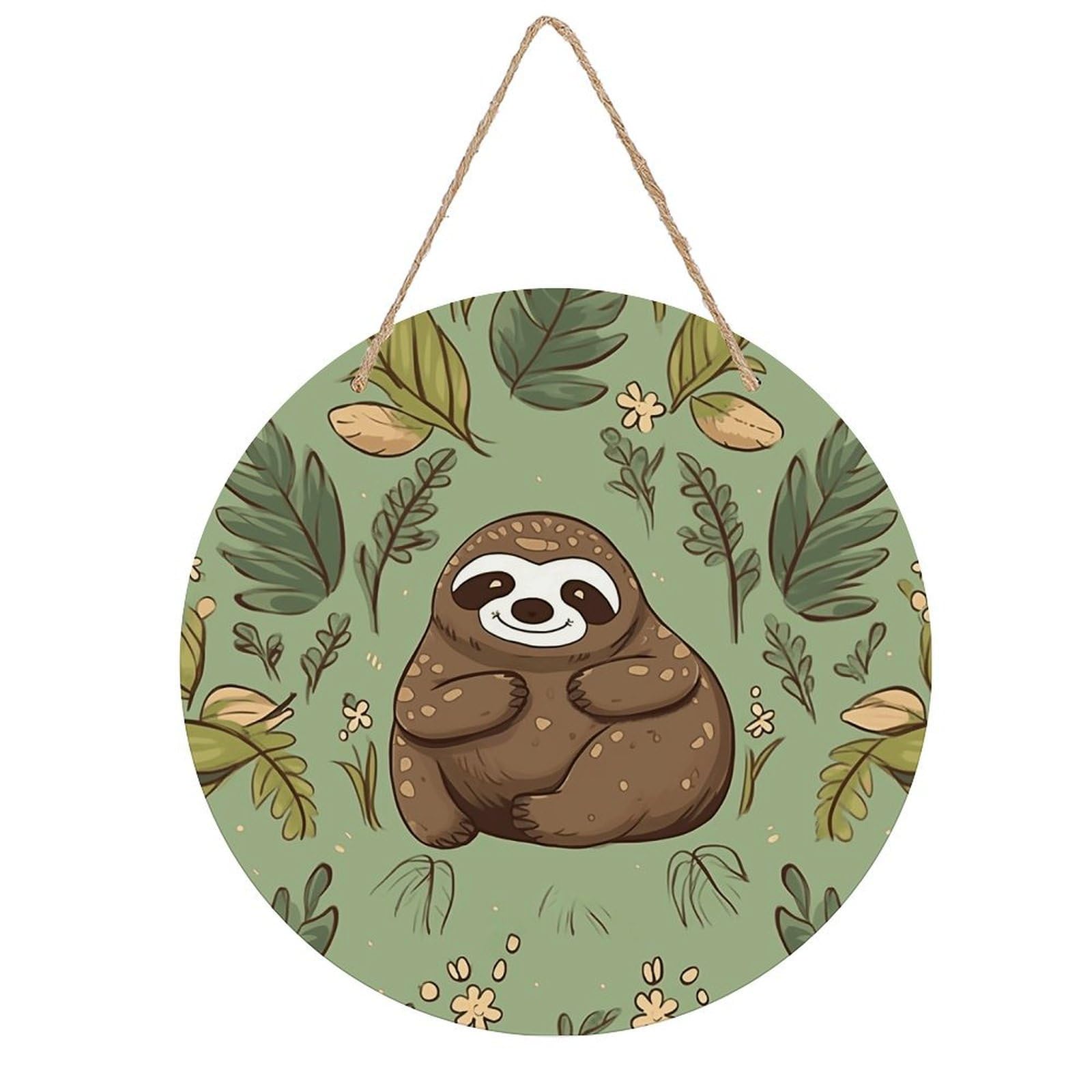 Adfgyerh Style Sloth On The Grass Room Decor，Round Wooden Board Painting，Wall Art，Easy To Hang，Wall Decor ，Suitable For Homes, Offices, Holidays, Bars, Cafes, And Other Venues.